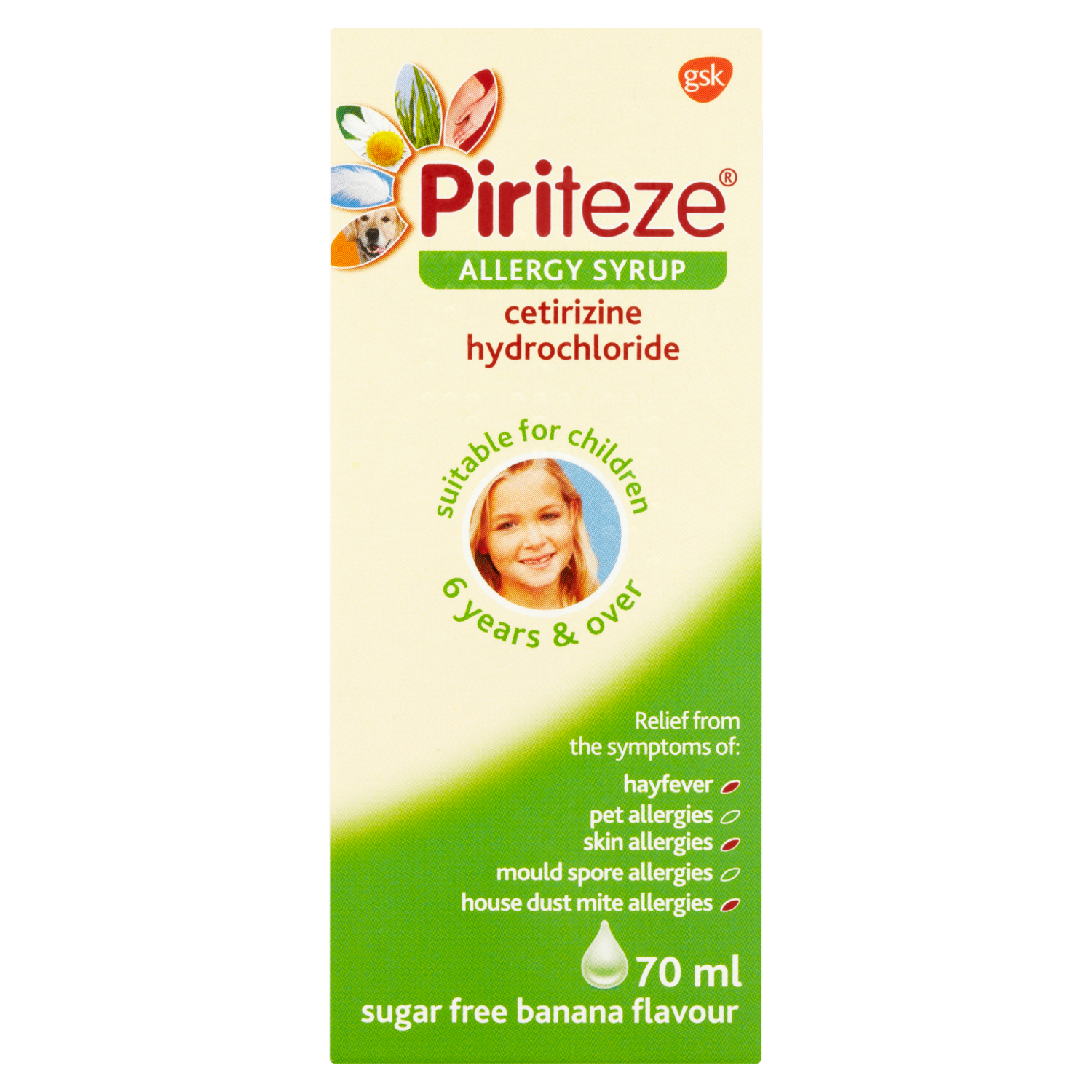 Piriteze Allergy Relief Syrup Sugar Free Banana Flavour 70ml